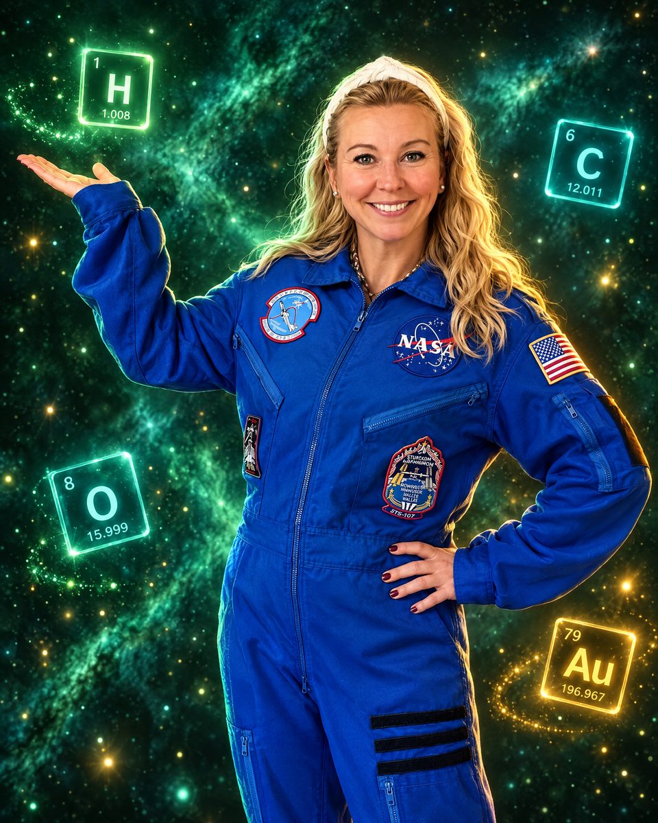 Stylized 3D portrait of the teacher smiling in a blue flight suit, presenting a glowing hydrogen tile among floating element tiles in space